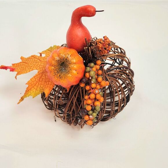 Fall Wicker Pumpkin with Gourd & Leaf Accent 7” Autumn Table Decor - Picture 1 of 5